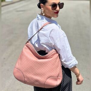 Gucci GG Microguccissima Monogram Bree Pink Leather Hobo Zip Shoulder Bag Purse
